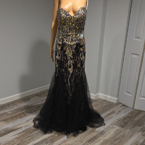 Black and Gold Embellished Sweetheart Prom Gown - Picture 1 of 17